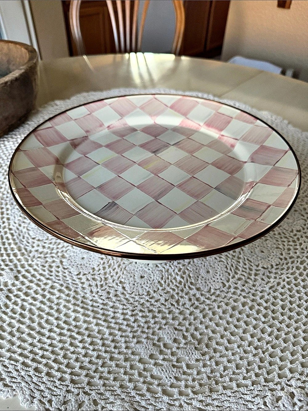 Mackenzie-Childs Rosy Check Small Pedestal Platter Pink & White